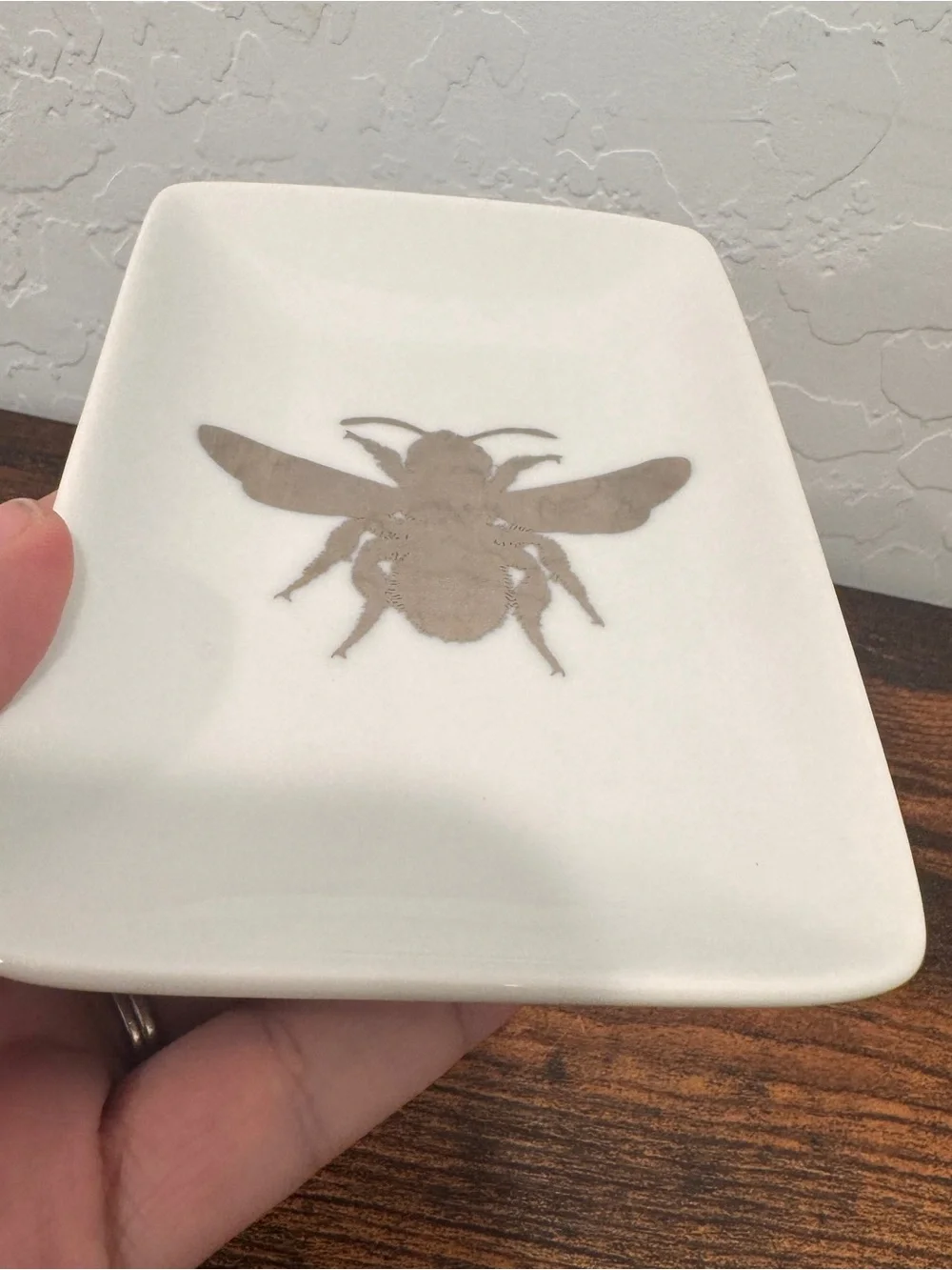 West Elm White Ceramic Trinket Tray Dish Gold Bee Ring Soap Dish